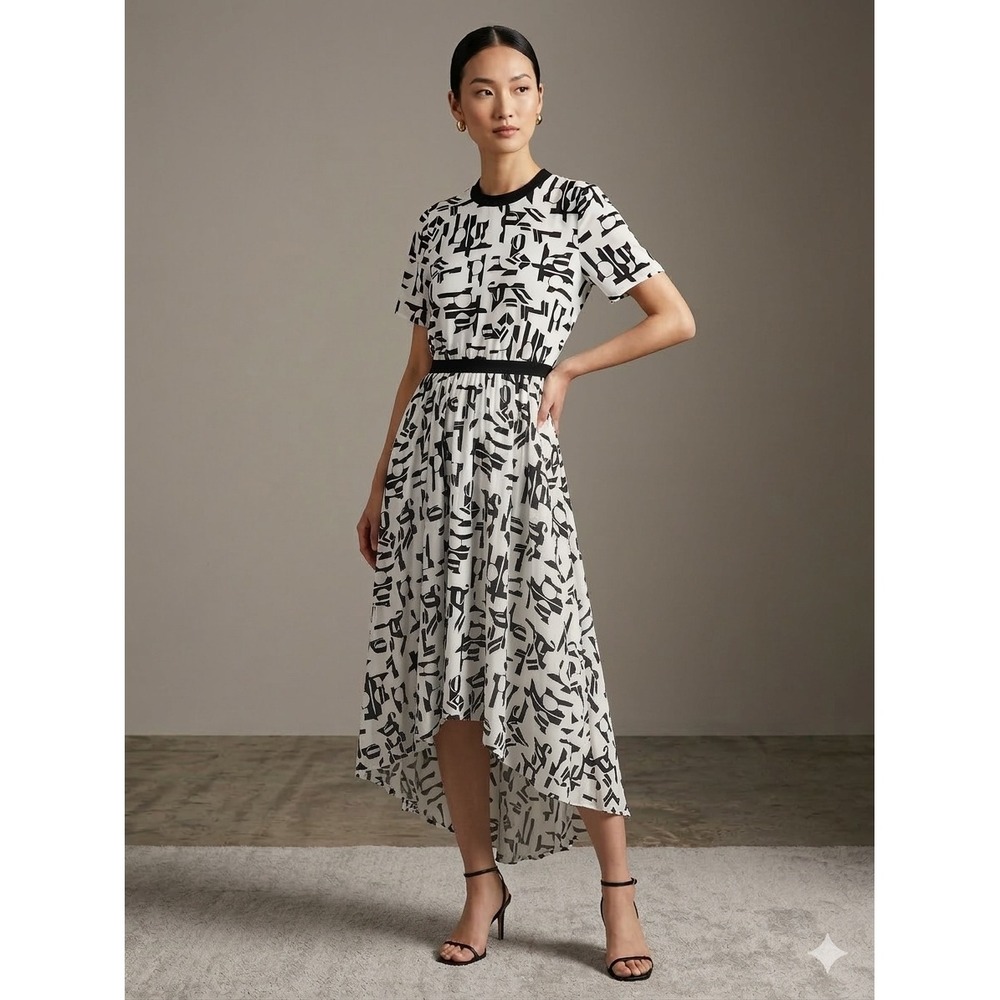 Maje Black White Graphic Print High Low Midi Dress Monogram Ribbed Neck‎ Size 34